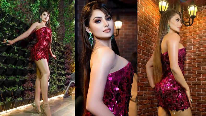 Actress Urvashi Rautela Looks Oh-so-fab In Sequinned Fuschia Pink Off-shoulder Dress